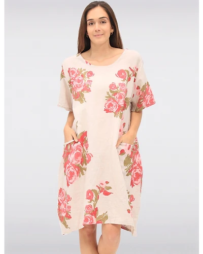 Robe en Lin Ample à Imprimé Rose Manches Courtes & Poches Plaquées par Froccella