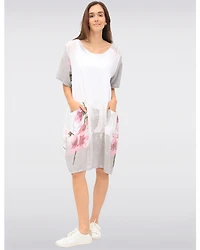 Robe Floral Ample en Lin et Coton à Manches Courtes et Poches par Froccella