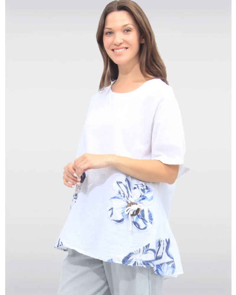 Tunique en Lin-coton avec Accent Floral Boutons et Manches Courtes par Froccella