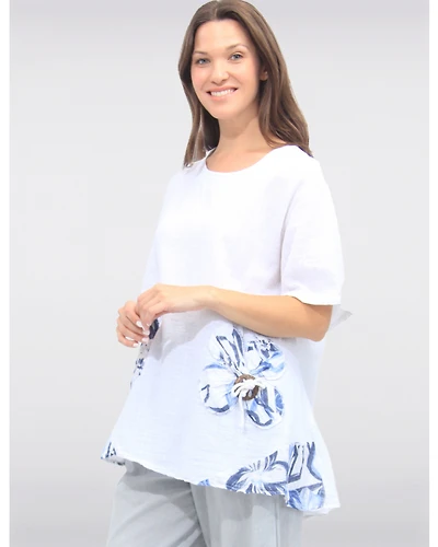 Tunique en Lin-coton avec Accent Floral Boutons et Manches Courtes par Froccella