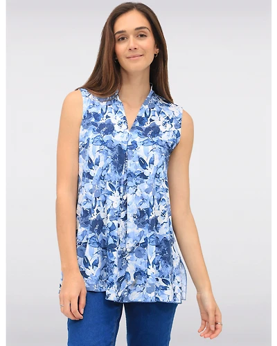 Blouse Drapée Sans Manches à Motif Floral avec Col en V et Pli Devant par Vamp