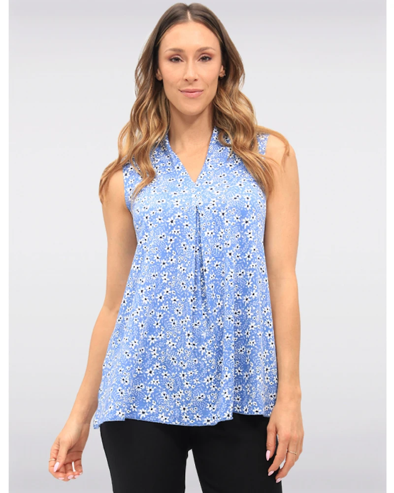 Blouse Sans Manches Florale Extensible avec Plis Devant Fentes & Col V par Vamp