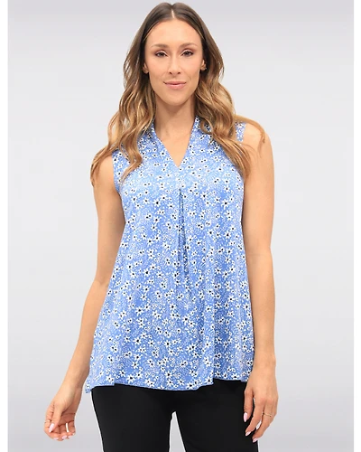 Blouse Sans Manches Florale Extensible avec Plis Devant Fentes & Col V par Vamp