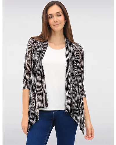 Cardigan Rayé à Devant Drapé en Tricot Pointelle Chevron & Manches 3/4 Par Vamp