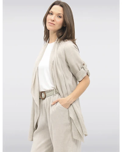 Cardigan Fluide en Lin avec Devant Cascade et Manches Repliées par Froccella