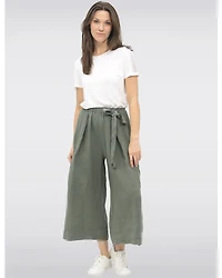 Pantalon Large Décontracté en Lin à Taille Haute Ceinturé à Nouer par Froccella