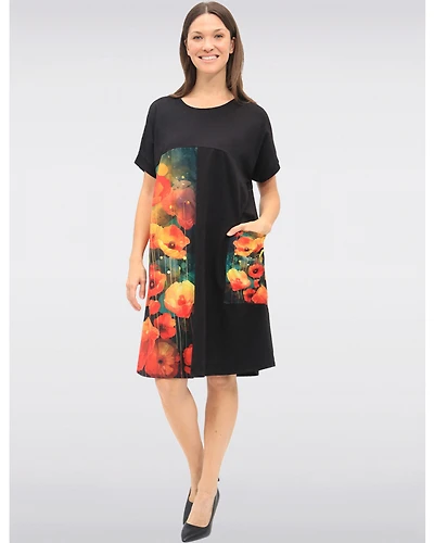 Robe en Mélange de Coton Imprimé à Manches Courtes & Poche Plaquée par Froccella