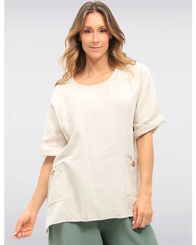 Tunique à Manches Courtes en Coton Texturé avec Poches Frontales par Froccella