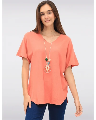 Haut Doux à Manches Courtes Col V Ourlet Arrondi & Collier Inclus par Froccella