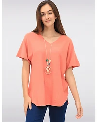 Haut Doux à Manches Courtes Col V Ourlet Arrondi & Collier Inclus par Froccella