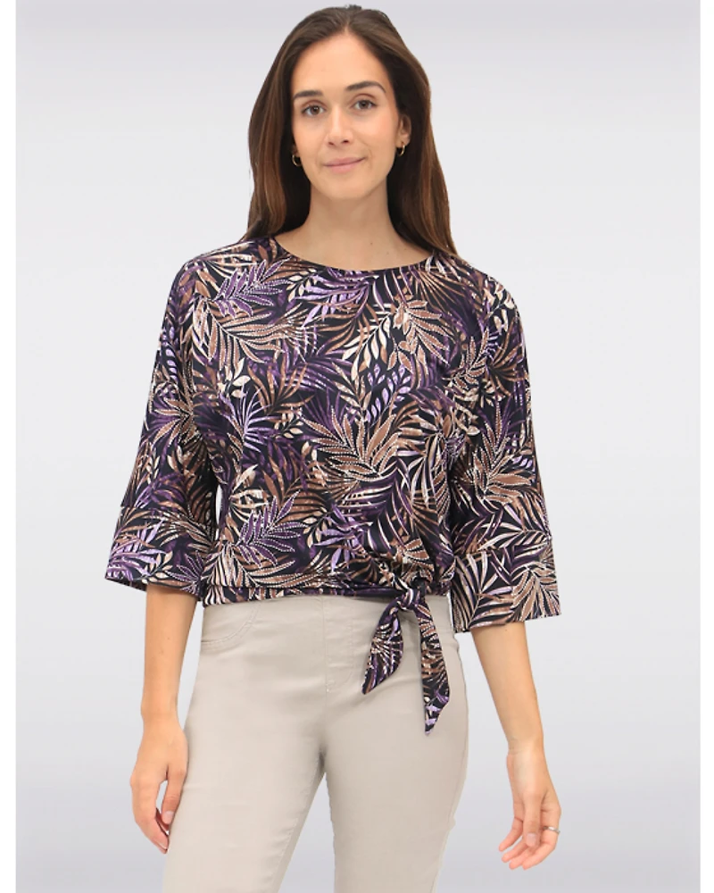 Haut Extensible à Imprimé Feuilles Tropicales Col Rond Manche 3/4 & Nœud par GWV