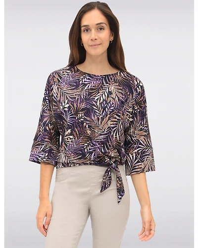 Haut Extensible à Imprimé Feuilles Tropicales Col Rond Manche 3/4 & Nœud par GWV