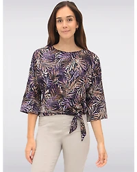 Haut Extensible à Imprimé Feuilles Tropicales Col Rond Manche 3/4 & Nœud par GWV