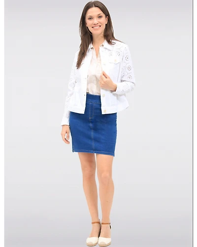 Veste Courte en Denim Blanc Avec Poches À Rabat en Coton À Œillets Par Dash