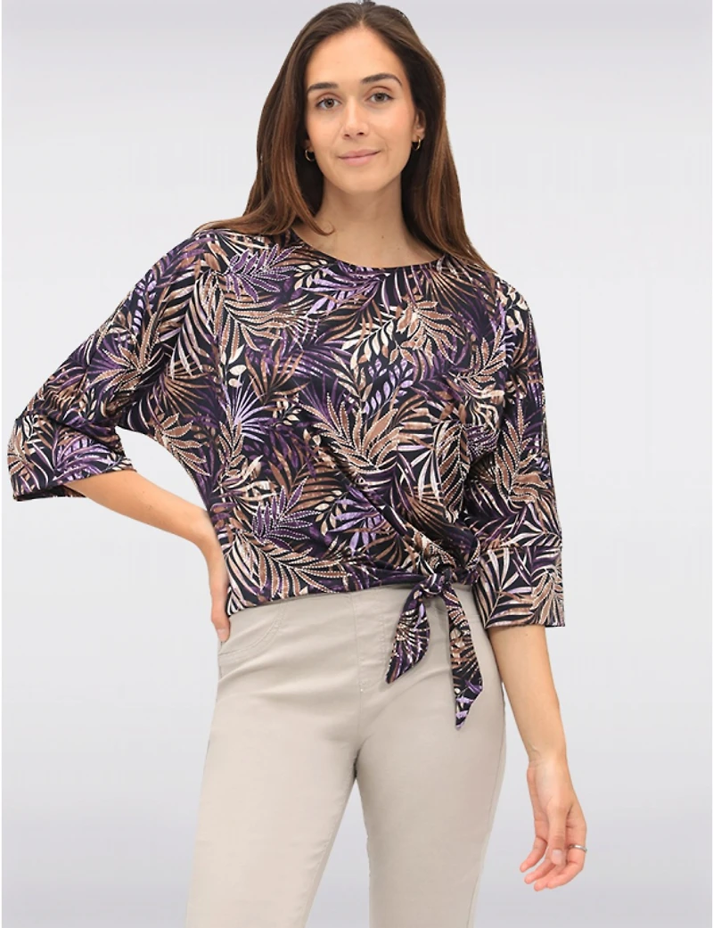 Manteaux Manteaux | La maison du manteau au Québec Haut Extensible à Imprimé Feuilles Tropicales Col Rond Manche 3/4 & Nœud par GWV