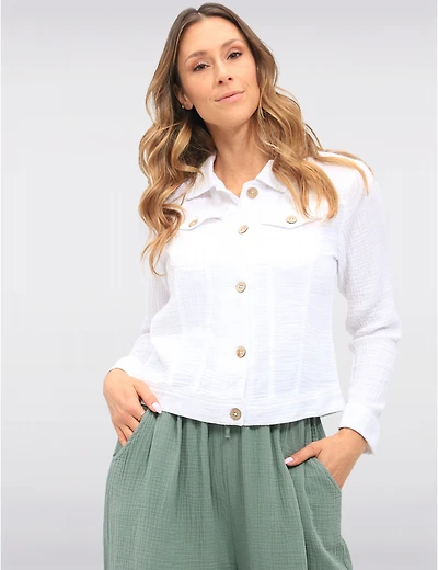 Manteaux | La maison du manteau au Québec Veste Courte Boutonnée en Gaze de Coton Uni avec Poches Poitrine par Dash