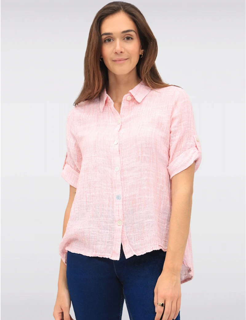 Manteaux Manteaux | La maison du manteau au Québec Blouse en Coton à Tissage Gaufré Boutonnée avec Manches 3/4 Ajustables par Erika