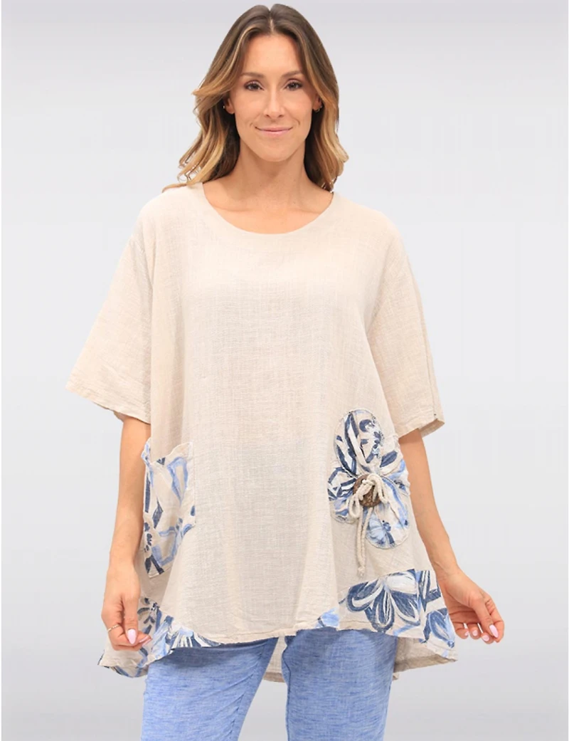 Manteaux | La maison du manteau au Québec Tunique en Lin-coton avec Accent Floral Boutons et Manches Courtes par Froccella