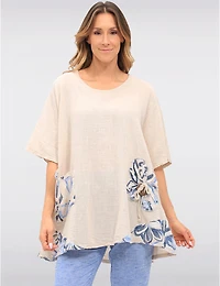 Manteaux | La maison du manteau au Québec Tunique en Lin-coton avec Accent Floral Boutons et Manches Courtes par Froccella