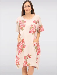 Manteaux Manteaux | La maison du manteau au Québec Robe en Lin Ample à Imprimé Rose Manches Courtes & Poches Plaquées par Froccella