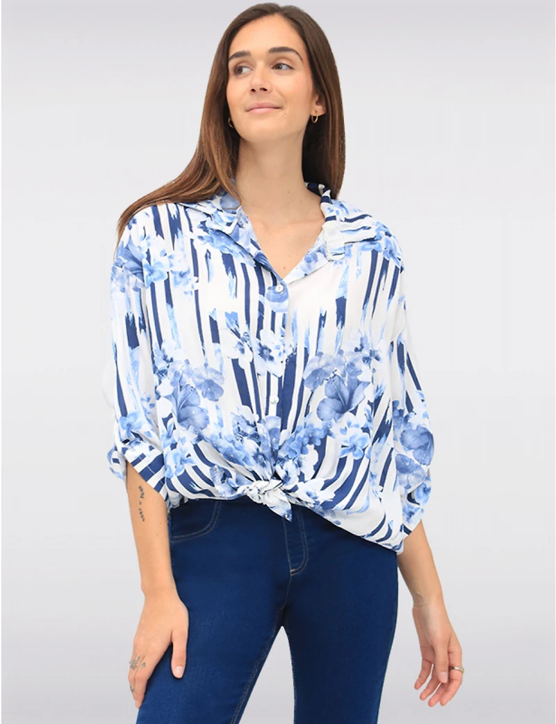 Manteaux Manteaux | La maison du manteau au Québec Blouse Boutonnée à Imprimé Rayé et Floral avec Ourlet Arrondi par Froccella