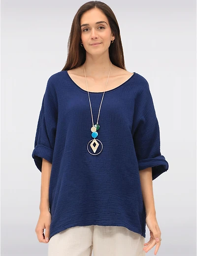 Manteaux | La maison du manteau au Québec Haut en Coton texturé à Manches 3/4 Col V Coupe Ample & Collier par Froccella