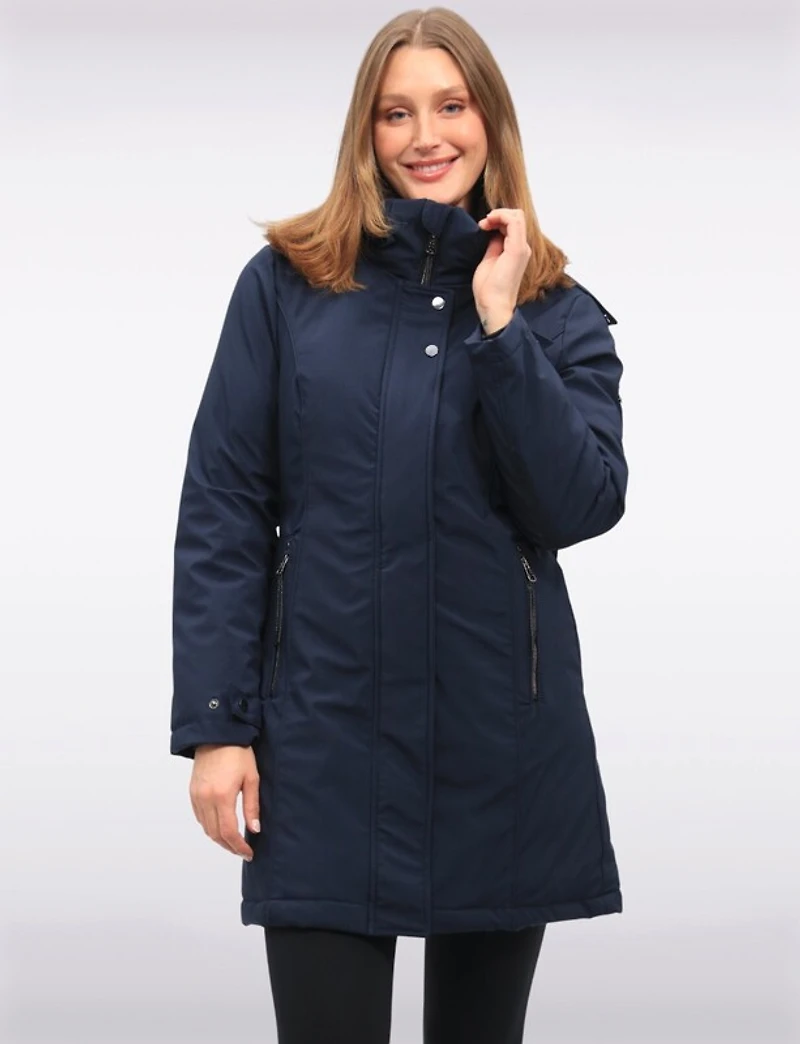 Manteau Droit en Polyloft® À Capuche Amovible Doublée Fourrure Végane Par Saki