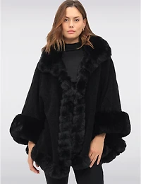 Manteaux Manteaux | La maison du manteau au Québec Cape-Châle Luxueuse en Chenille Noire avec Bordure Douce en Fausse Fourrures