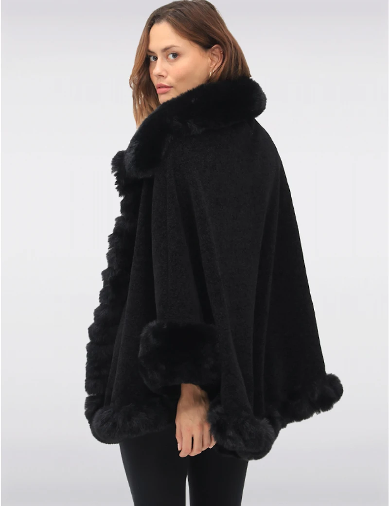 Manteaux Manteaux | La maison du manteau au Québec Cape-Châle Luxueuse en Chenille Noire avec Bordure Douce en Fausse Fourrures