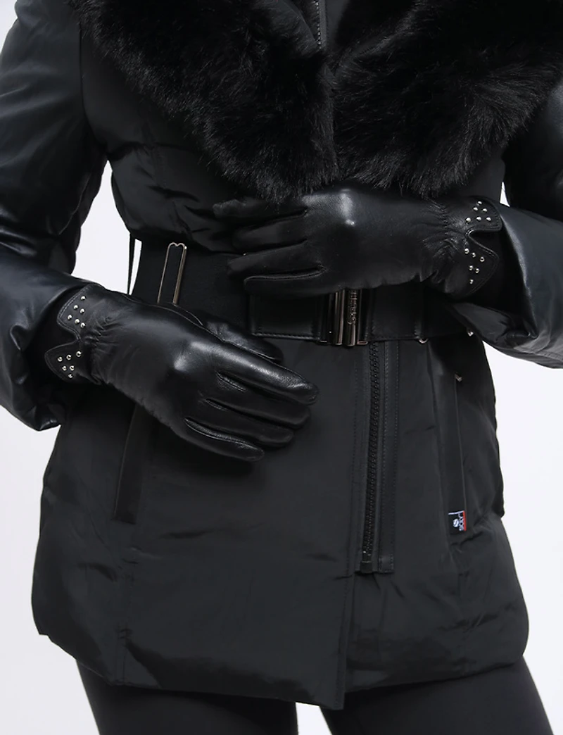 Gants Chics en Cuir Véritable avec Strass Décoratifs & Ouverture Frontale