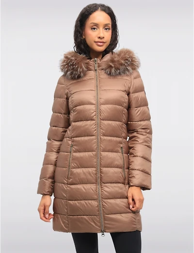 Doudoune Mi-longue Coupe Droite en Matière Recyclée & Duvet À Capuche Par Etage