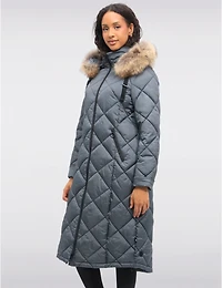 Doudoune Longue Matelassée en Diamant À Capuche Bordée De Fourrure Par Danwear