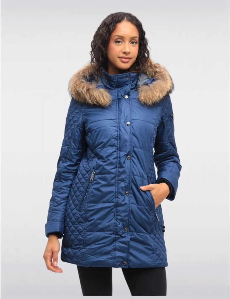 Doudoune Matelassée Diamant À Capuche Bordée De Fourrure Véritable Par Danwear