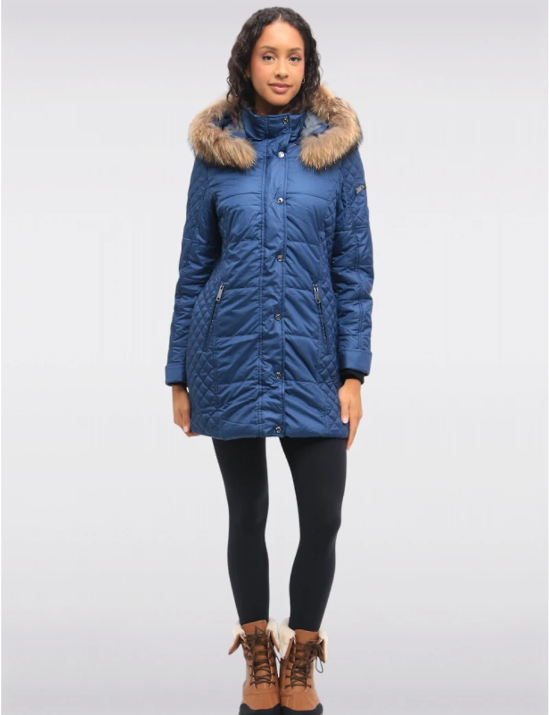 Doudoune Matelassée Diamant À Capuche Bordée De Fourrure Véritable Par Danwear