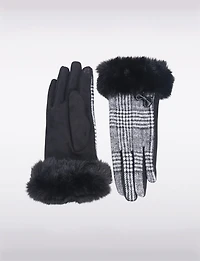 Gants d’hiver Chics à Carreaux avec Détail de Nœud et Poignet en Fausse Fourrure