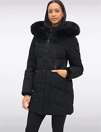 Doudoune Eco-down À Capuche Et Détail La Taille en Cuir Vegan Par Point Zero