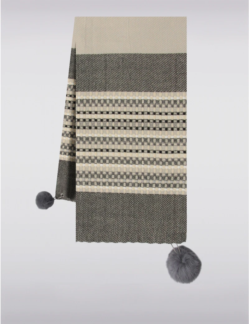 Manteaux | La maison du manteau au Québec Écharpe Oblong à Patchwork de Rayures & Pompons Détachable en Fausse Fourrure