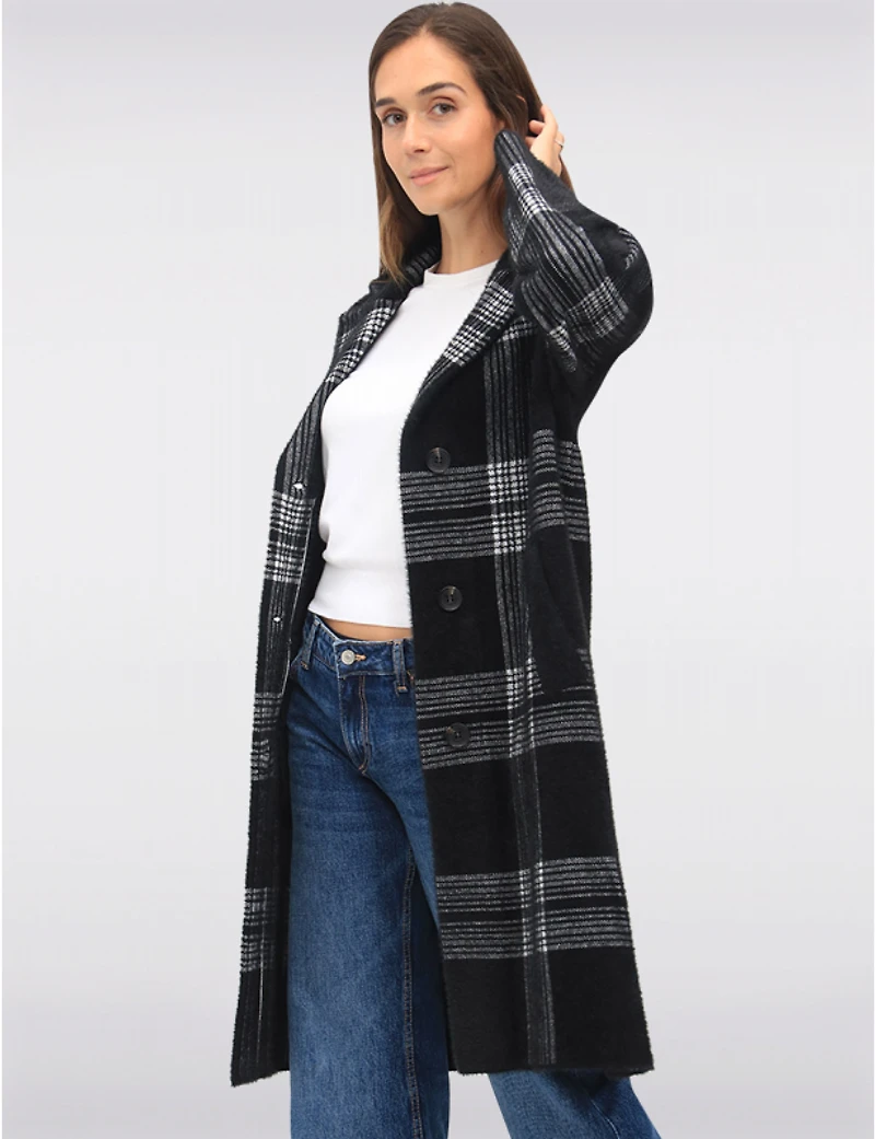 Manteaux | La maison du Manteau au Québec Tricoté à Col Cranté Motif Carreaux & Simple Boutonnage par Vince Camuto