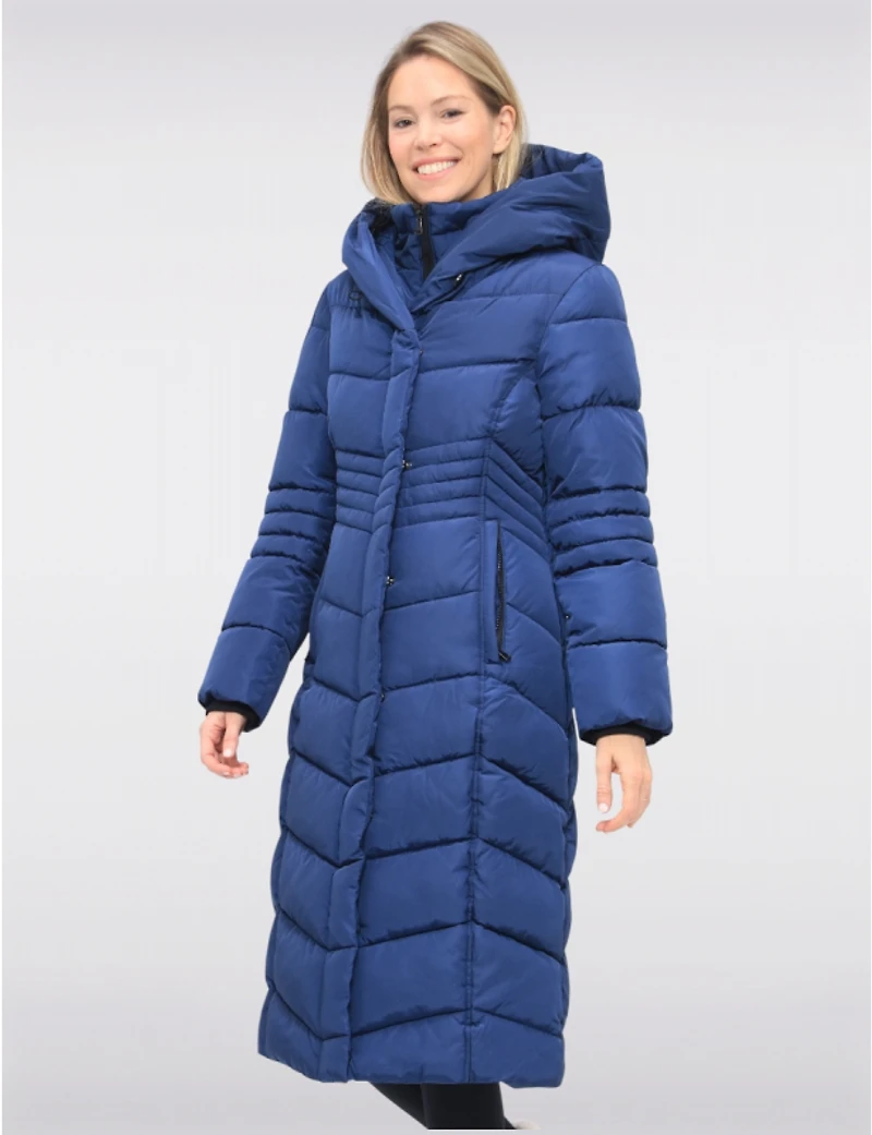 Doudoune Vegan Longue Matelassée Chevrons Capuche & Bavoir Intégrés Par Snoboll