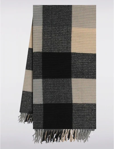 Manteaux Manteaux | La maison du manteau au Québec Foulard Noir Cozy à Carreaux Plissés en Mélange de Coton avec Franges