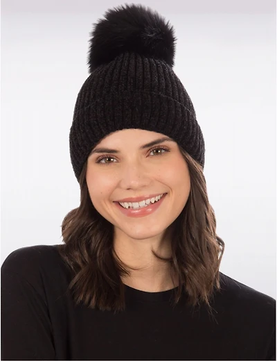 Tuque Tricotée en Chenille Texturée avec Pompon en Fourrure Véritable Amovible