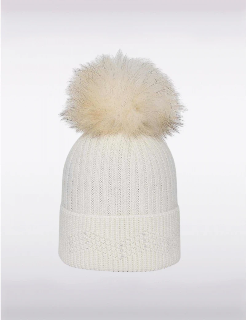 Manteaux Manteaux | La maison du manteau au Québec Tuque en Maille avec Pompon Amovible en Fourrure Véritable & Détails en Perles
