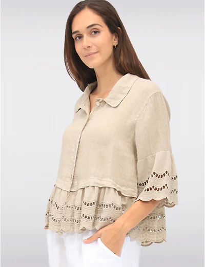 Manteaux Manteaux | La maison du manteau au Québec Chemise Chic en Lin Boutonnée avec Bordures en Broderie Anglaise par Froccella