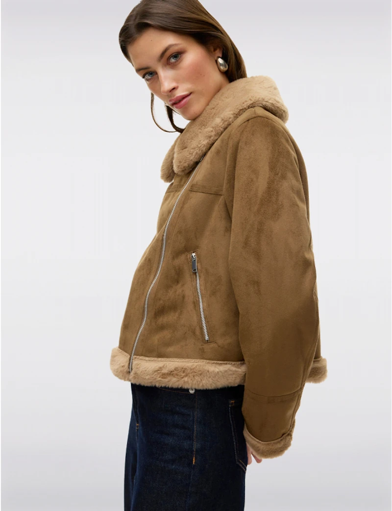 Manteaux | La maison du manteau au Québec Veste Moto Courte en Suede Bordée Et Doublée Fausse Fourrure Par Vero Moda