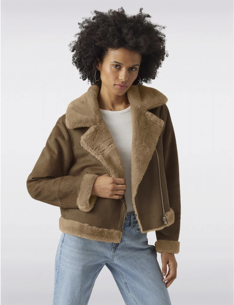 Manteaux | La maison du manteau au Québec Veste Moto Courte en Suede Bordée Et Doublée Fausse Fourrure Par Vero Moda