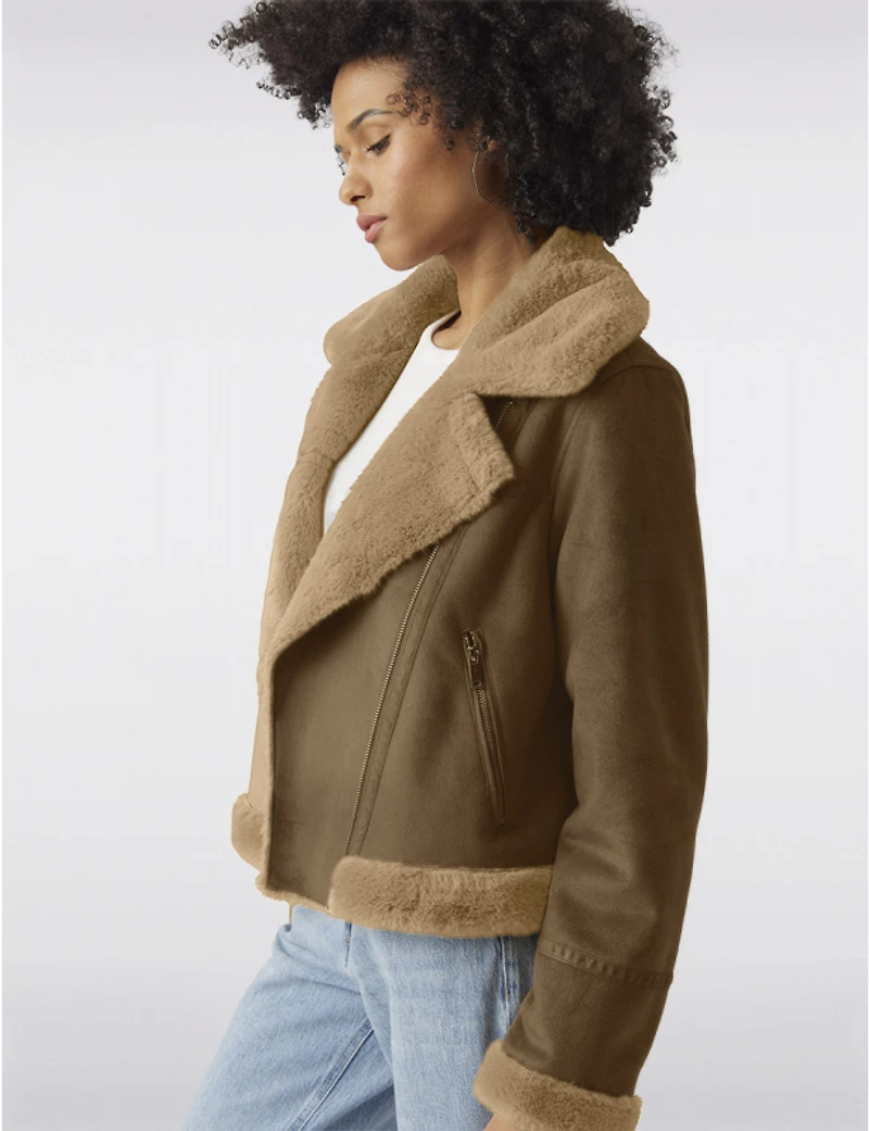 Manteaux | La maison du manteau au Québec Veste Moto Courte en Suede Bordée Et Doublée Fausse Fourrure Par Vero Moda