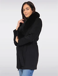 Manteau Ceinturé en Laine Mélangée Col Fourrure Véritable Amovible par Styla