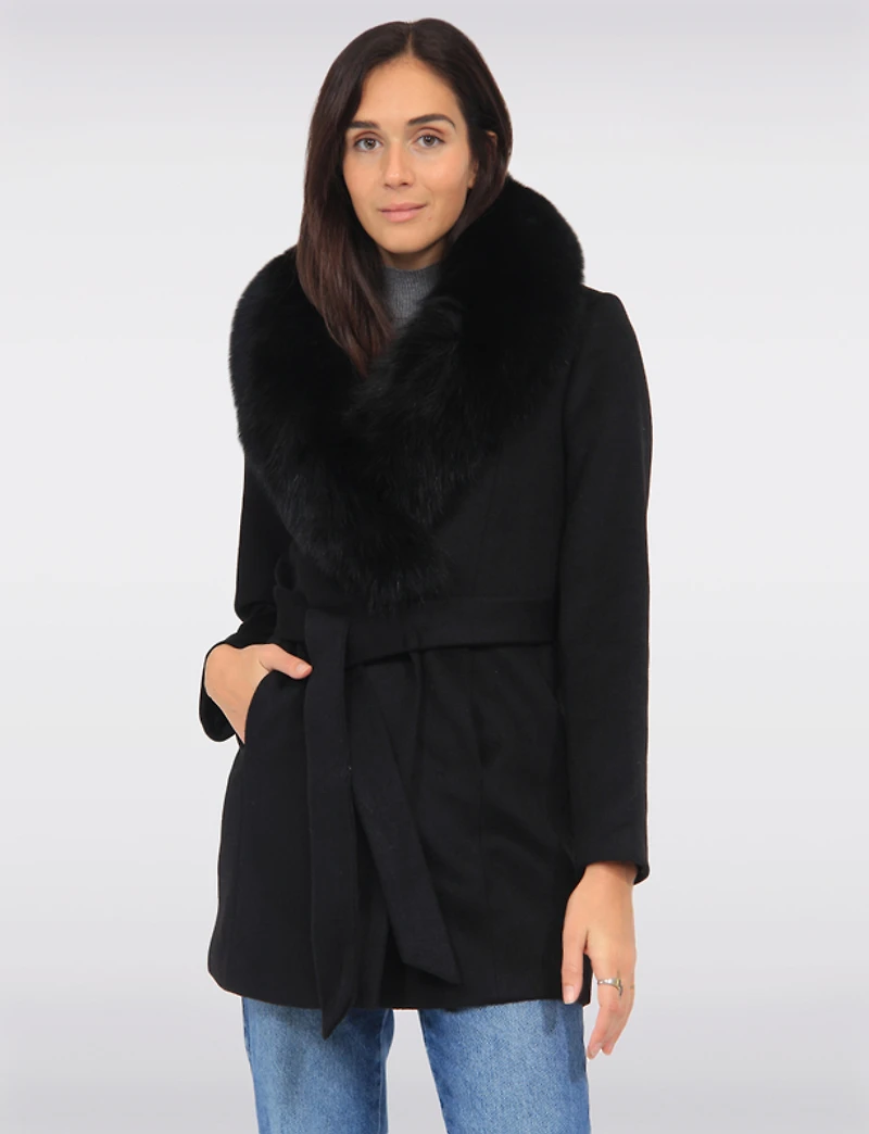 Manteau Ceinturé en Laine Mélangée Col Fourrure Véritable Amovible par Styla