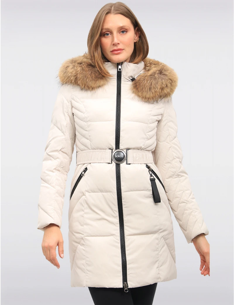 Manteaux | La maison du manteau au Québec Doudoune Joelle Ceinturée Et À Capuche Bordée De Fourrure Véritable Par Sokos