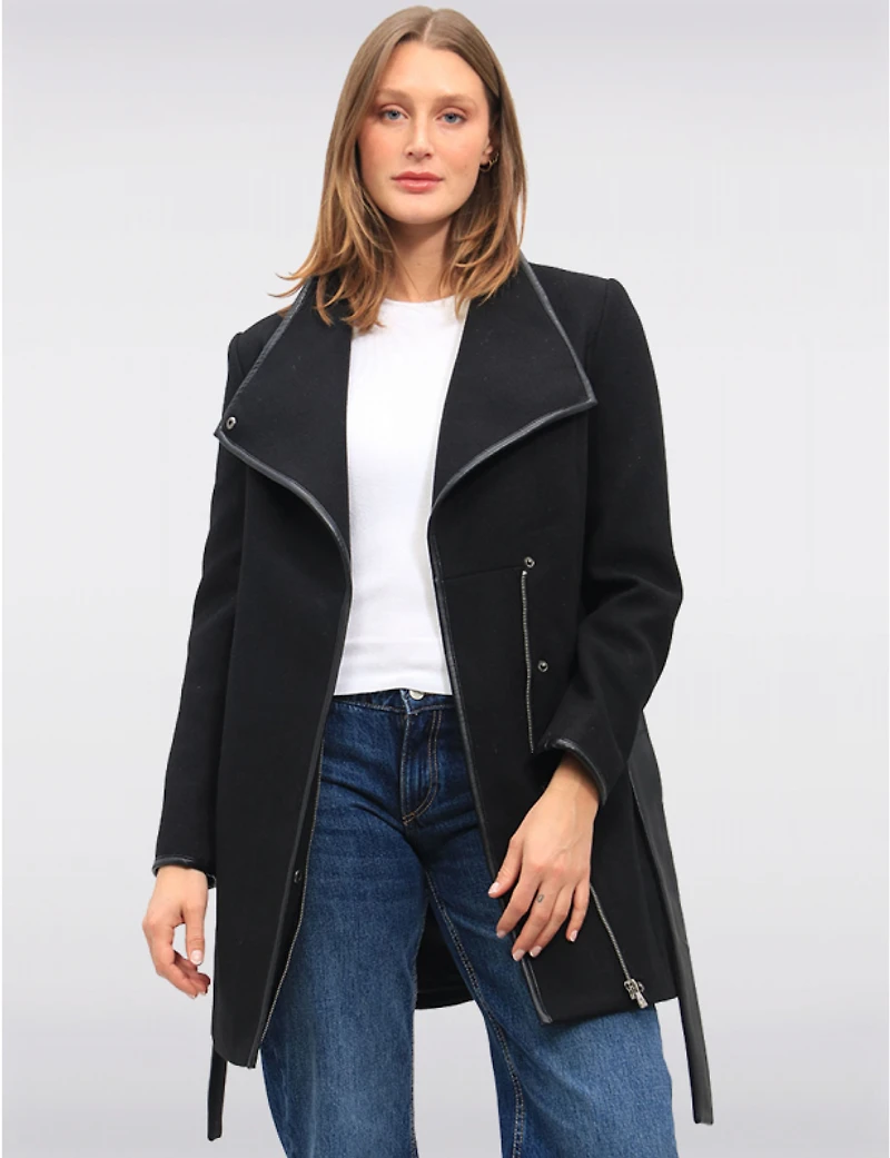 Manteaux | La maison du Manteau au Québec Celine en Laine Mélangée Noir Ceinturé Bordé Cuir Végan par Saki